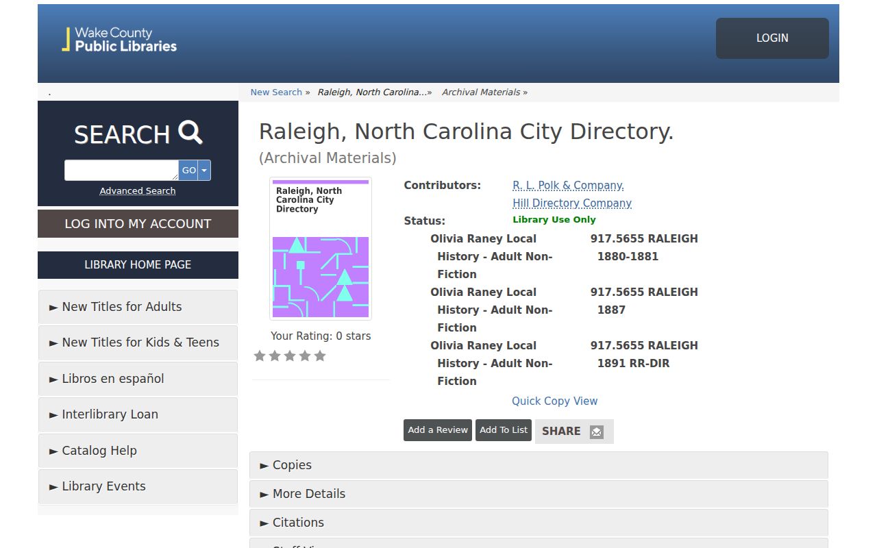 Holly Springs city directory research at the Wake catalog collection record