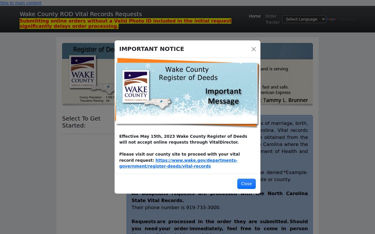 Holly Springs resident lookup Wake County vital record request portal